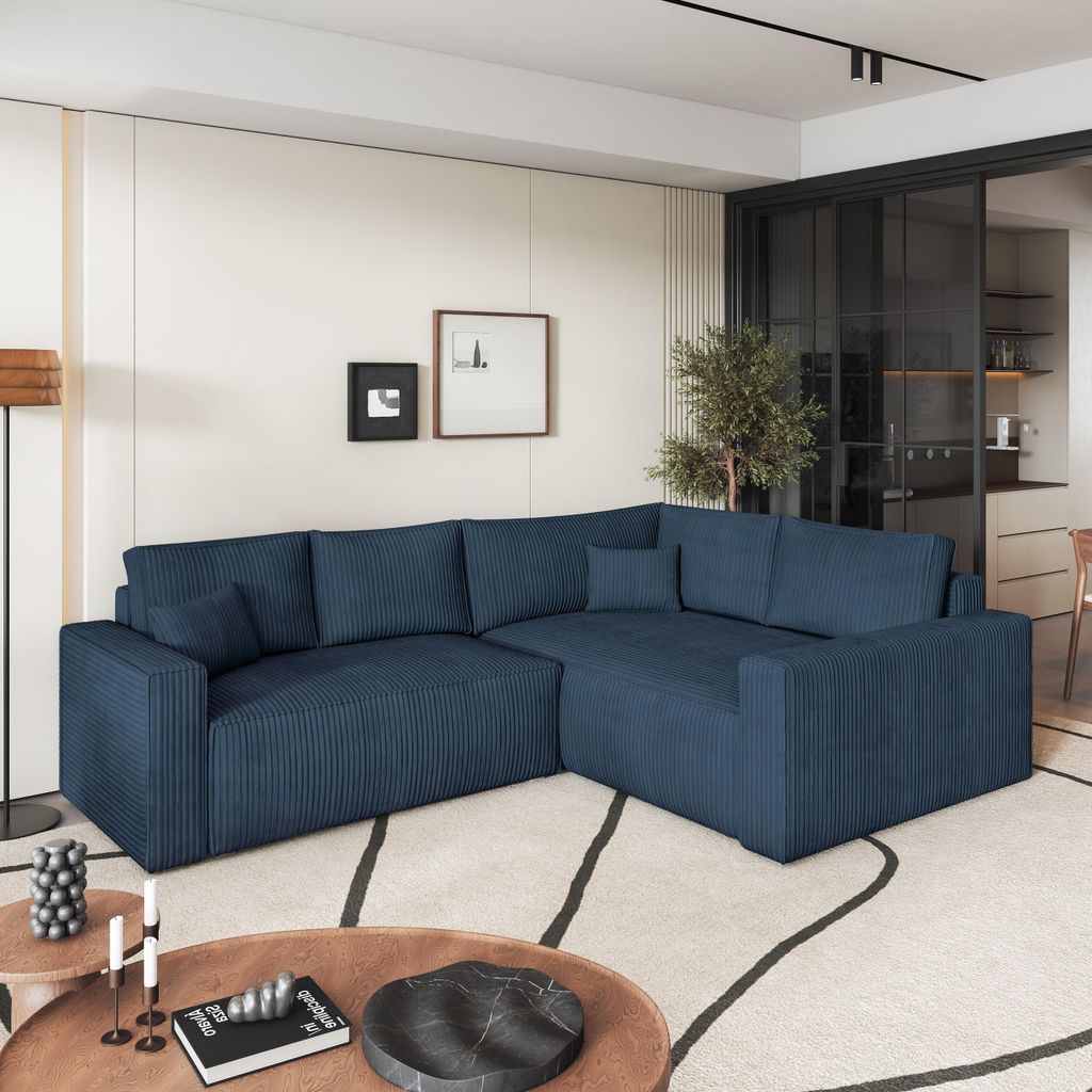 Masseno Ecksofa ERONIS R-S mit Schlaffunktion L-Form, Sofa mit Bettkasten, Wohnzimmersofa, Couch, Soffa, Bettsofa, Couchgarnitur- Blau, POSO 05