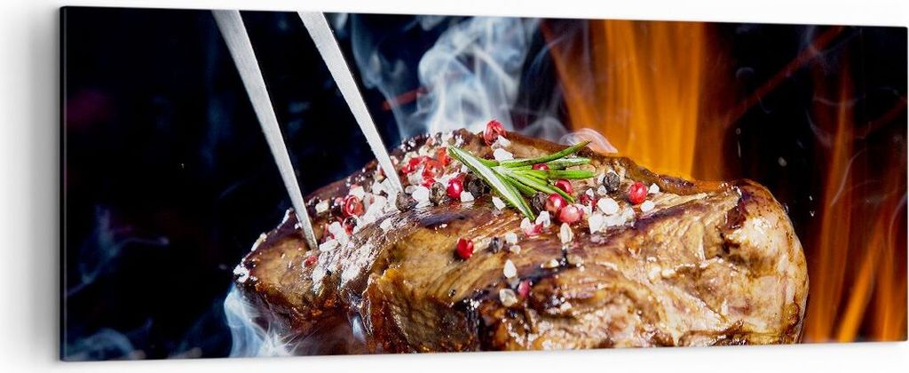 Bild auf Leinwand - Leinwandbild - Steak Grill Flammen Essen - 140x50cm - Wand Bild - Wanddeko - Leinwanddruck - Bilder - Kunstdruck - Wanddekorati...