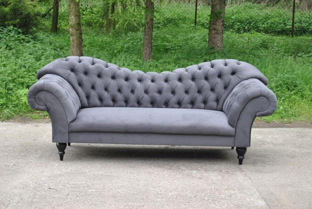Dreisitzer Design Couch Grau Polster Sitz Textil Sofa 3 Sitzer Chesterfield