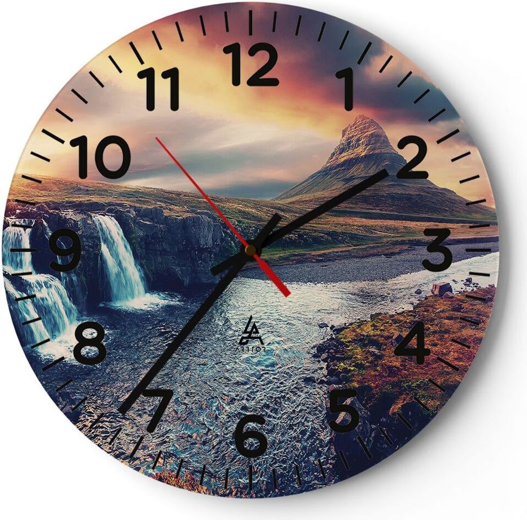 Wanduhr - Rund - Glasuhr - Wasserfall Himmel Berg - 40x40cm - Schleichendes Uhrwerk - Lautlos - zum Aufhängen bereit - Dekoration Modern - Wanddek...
