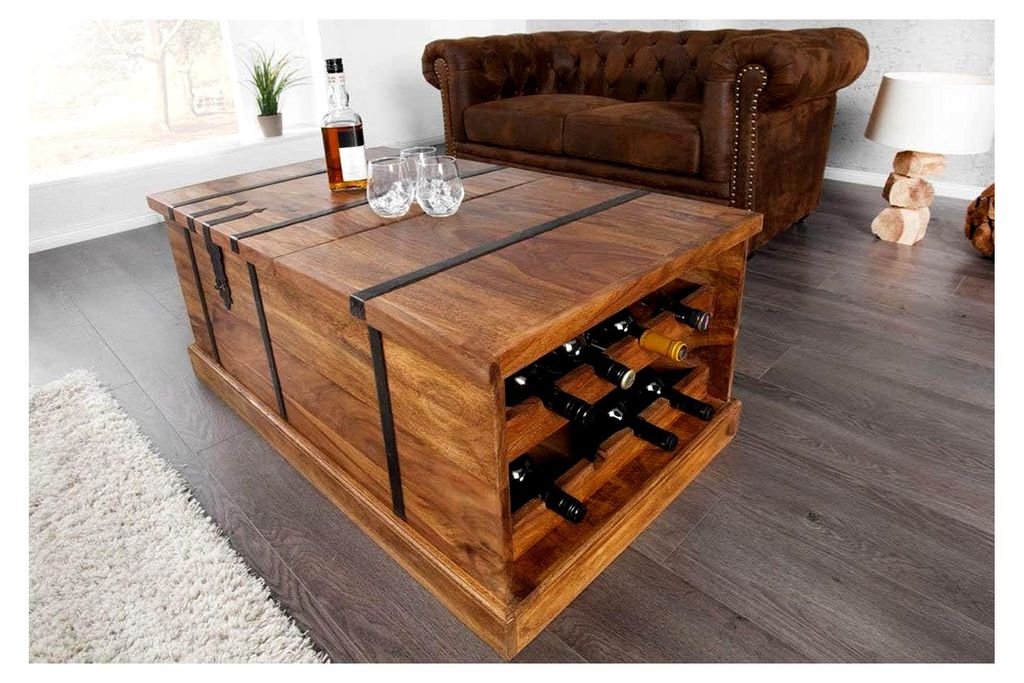 Massiver Couchtisch Hausbar Bodega 100cm Sheesham Stone Finish Aufbewahrung Wohnzimmertisch Truhe Barschrank