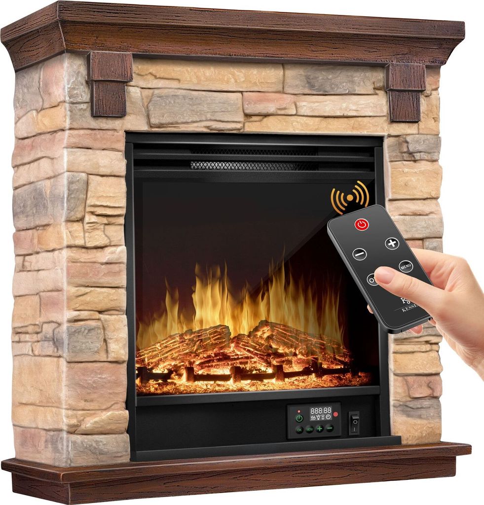 A hand holding a remote control points it towards an electric fireplace with a realistic flame effect.