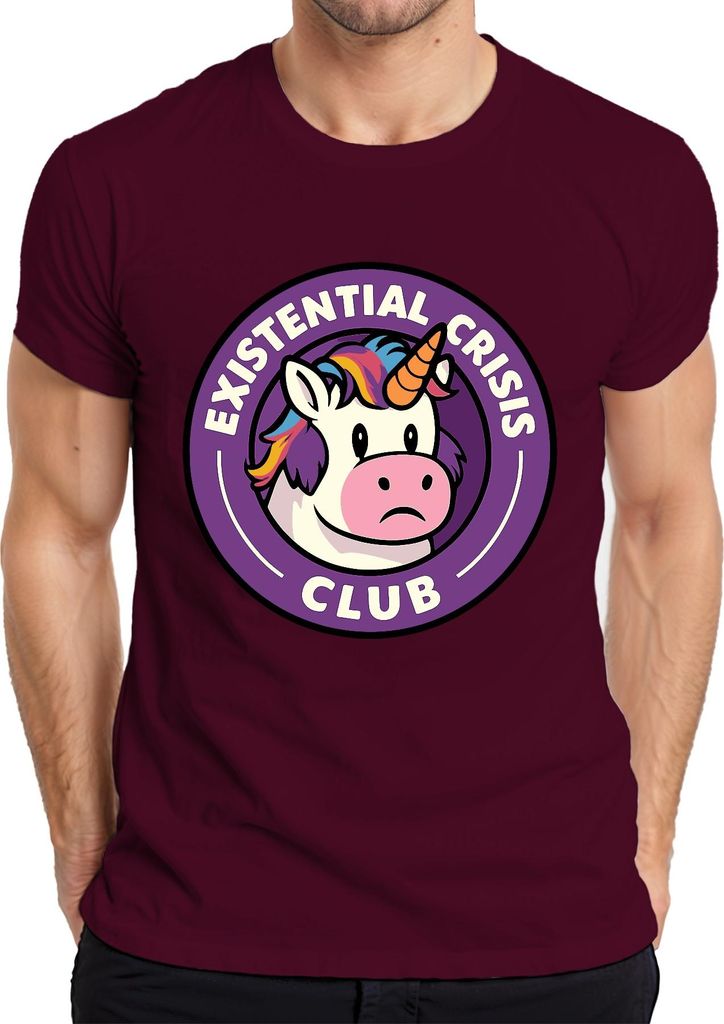Existenzielle Krise Club Einhorn Lustig Sarkastisch Retro Nerd Herren T-Shirt, Burgundy, L