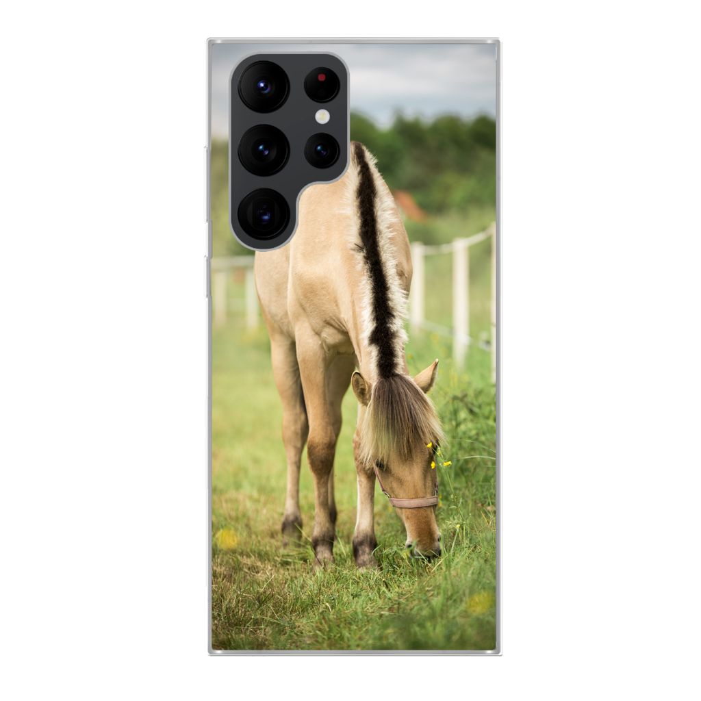 MuchoWow Handyhülle Schutzhülle Hülle für Samsung Galaxy S22 Ultra Porträt eines Fjordpferdes auf einer Wiese Silikon Softcase Handy Hülle ...