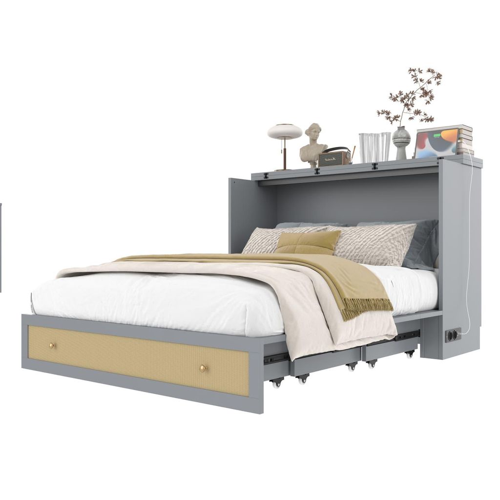 Schrankbett,140 x 200,Mobiles Schrankbett mit Schubladen am Bettende und Regal am Kopfende des Bettes,mit USB und Steckdose,Umbaubares Plattformbett