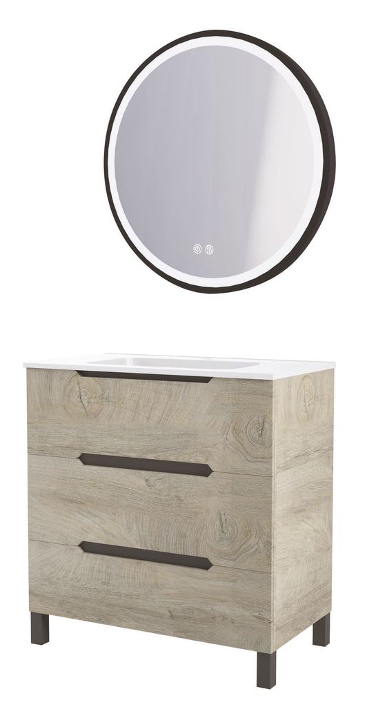 ONDEE ZEN – ALASKA Stand-Badezimmerschrank – 80 cm – Holz – 3 Schubladen – Spiegel ALEXINE