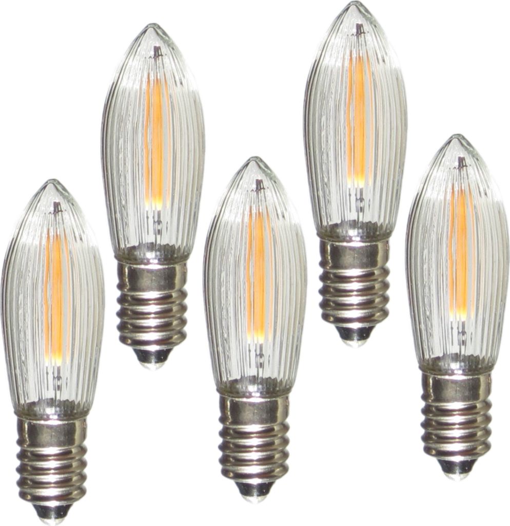 A group of five LED filament light bulbs with a clear, ribbed glass casing and silver screw bases, arranged on a white background.