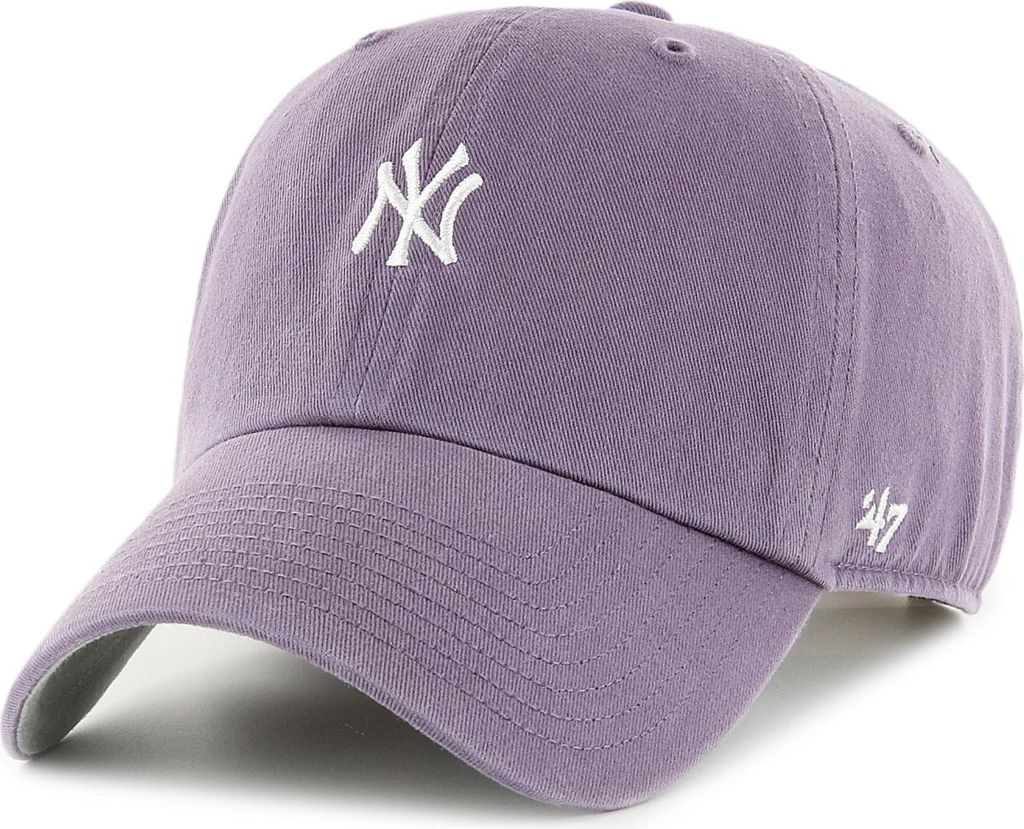 A close-up studio shot of a purple New York Yankees baseball cap.