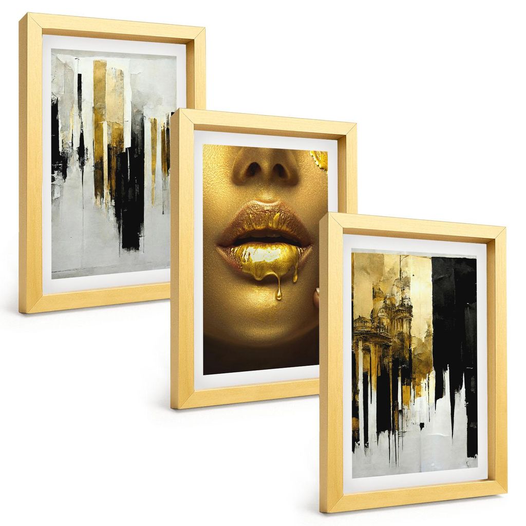 Bilder Set 3-teilig im Goldrahmen Rahmen – Wandbilder 3 Stück – gerahmte Poster für Wohnzimmer, Schlafzimmer und Flur – 20x30 cm – Abstra...