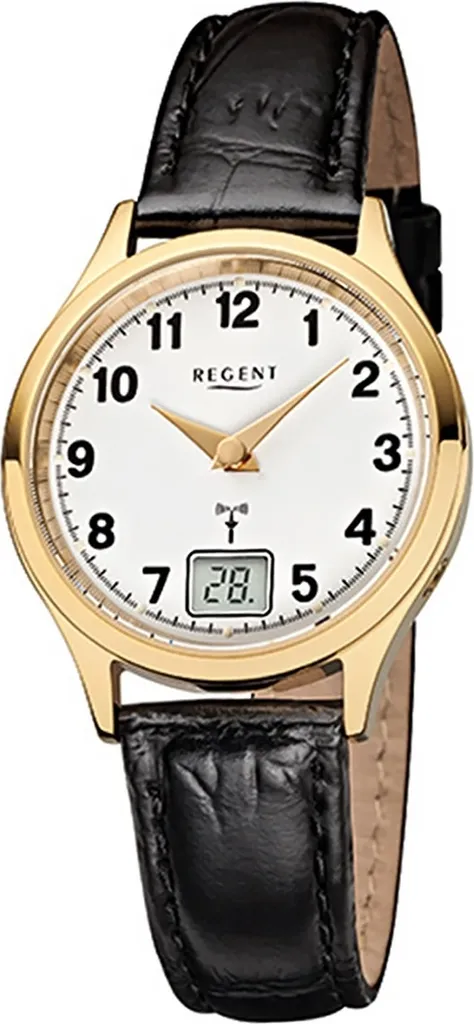 Montre Radiopilotée Regent Femme en Cuir Noir avec Affichage Analogique