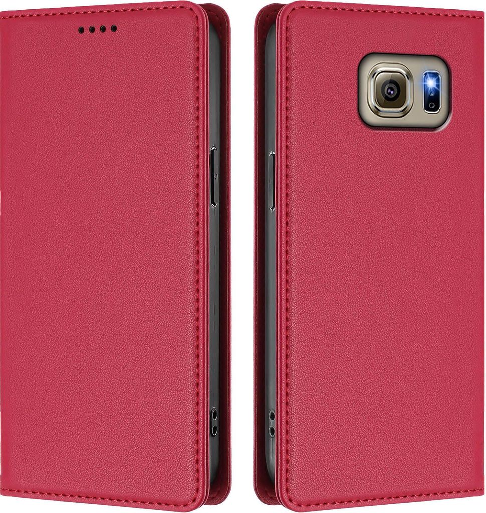 Handyhülle für Samsung Galaxy S6, Kunstleder Klapphülle Stoßfeste Magnetische Hülle mit Ständer Rot