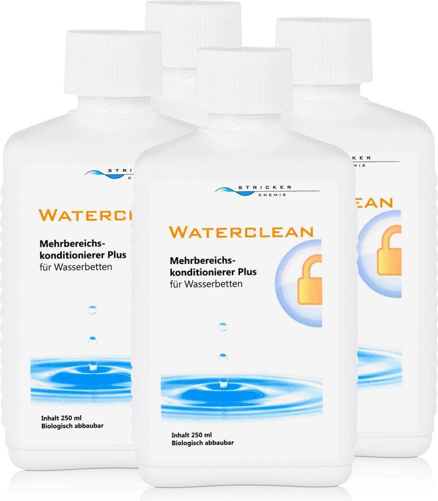Four bottles of Stricker Chemie Waterclean conditioner for waterbeds.