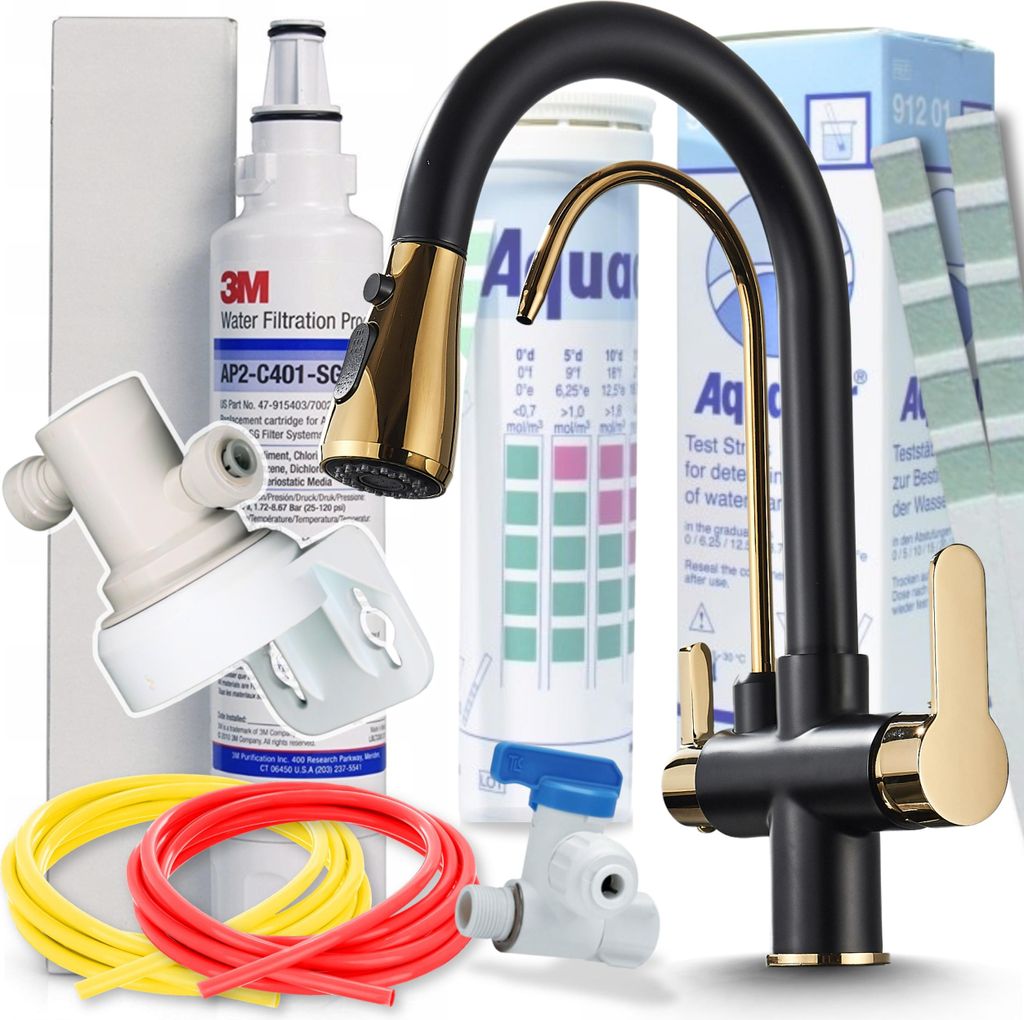 Ari Nordic 3-Wege Küchenarmatur Schwarz Gold Ausziehbar mit 3M AP2-C405-SG Trinkwasserfilter Untertisch Wasserfiltersystem