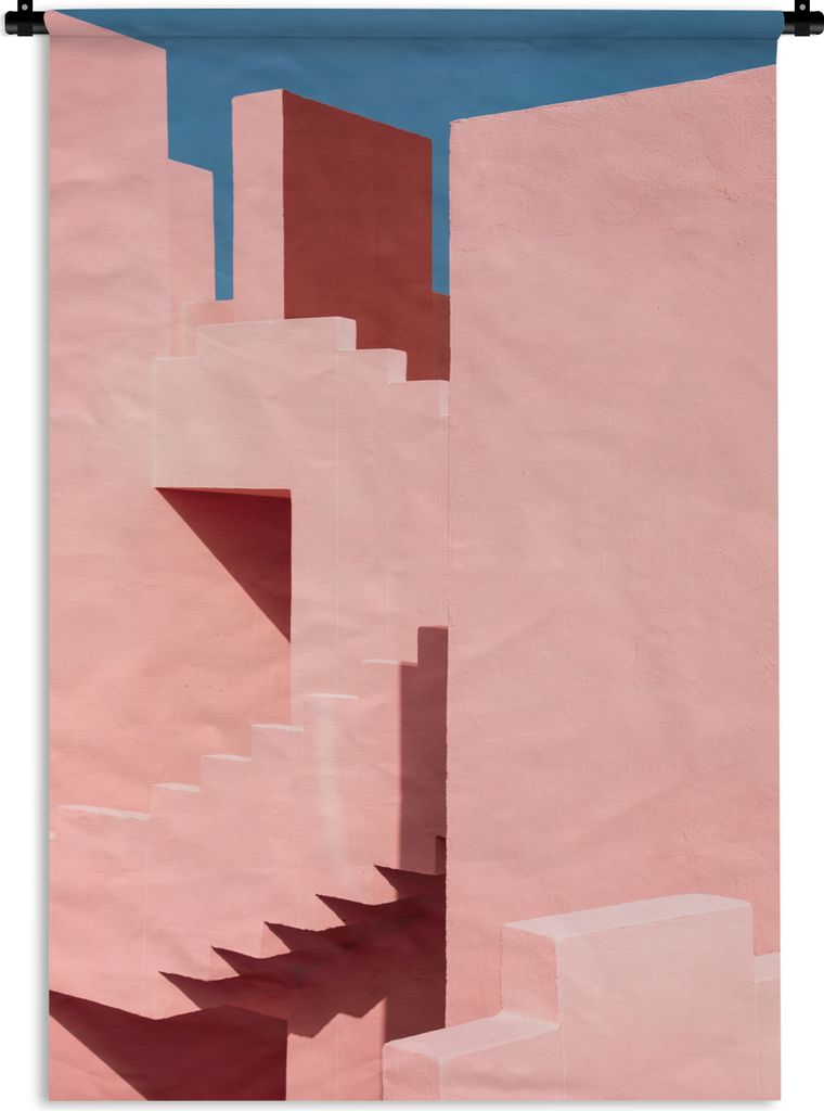MuchoWow Wandteppich Wandbehang Rosa - Architektur - Treppe - Pastell 90x135 cm Tapisserie Dekoration Wandtuch - Baumwolle - Wandskulptur