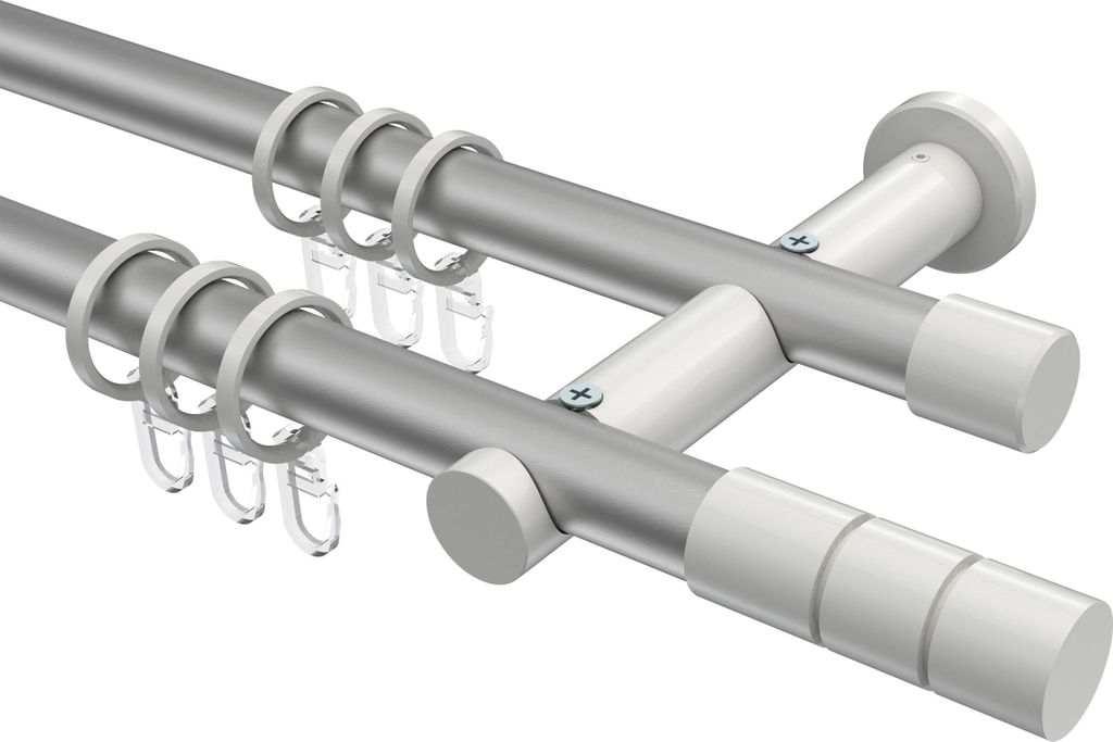Interdeco Gardinenstange / Vorhangstange Silbergrau / Weiß, Typ Platon Elanto (Rillenzylinder), 20 mm Ø 2-läufig, 260 cm