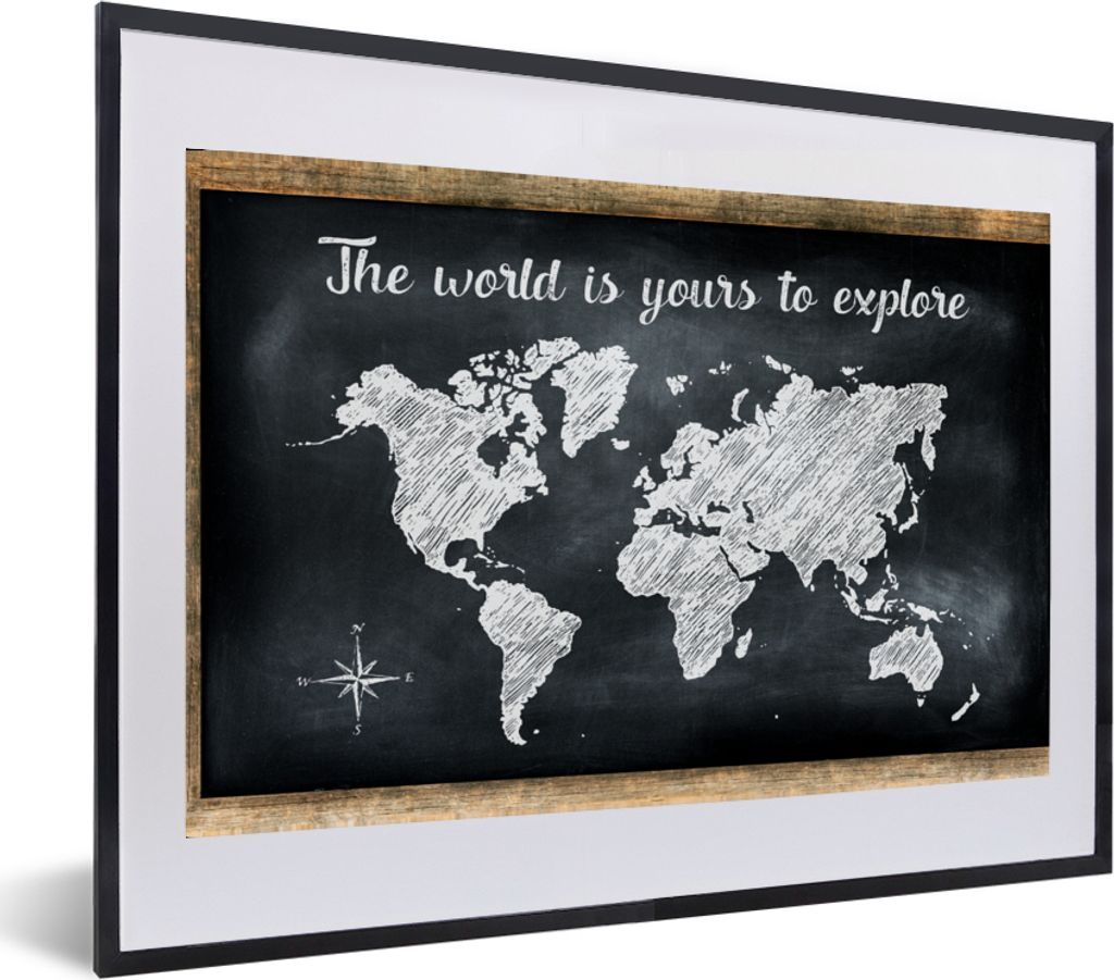MuchoWow MuchoWow Gerahmtes Poster Weltkarte - Weiß - Kreidetafel 60x40 cm - Poster mit zchwarzem Bilderrahmen - Schlafzimmer - Plakat in Rahm...