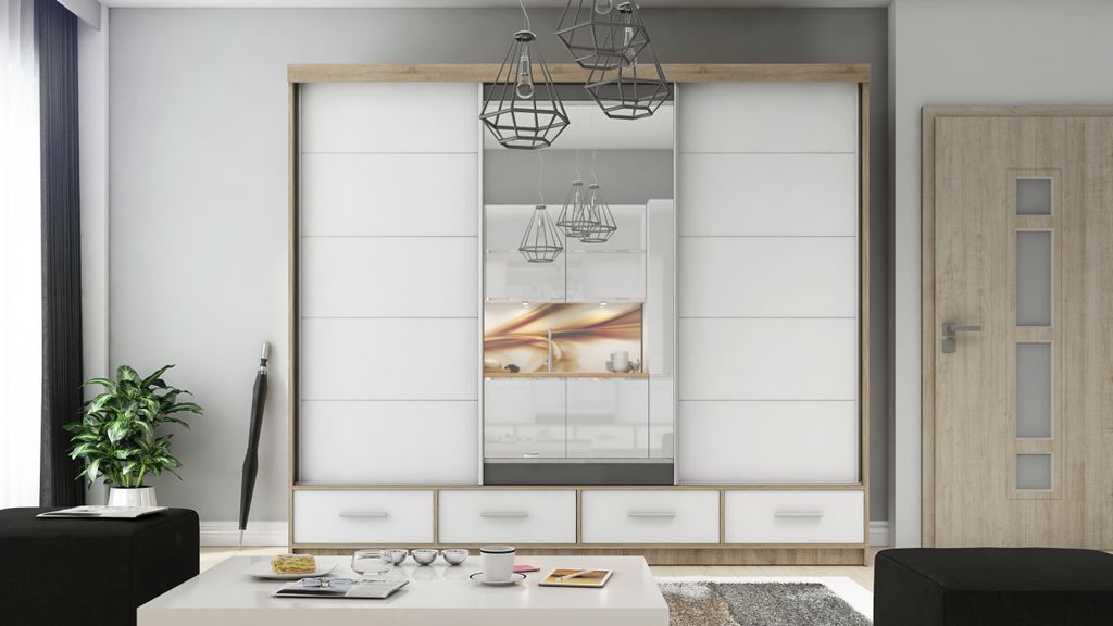 Moderner Schiebeschrank mit Spiegel für das Schlafzimmer, Großer Kleiderschrank David 250 cm Korpus Sonoma Eiche, Fronten Weiß.