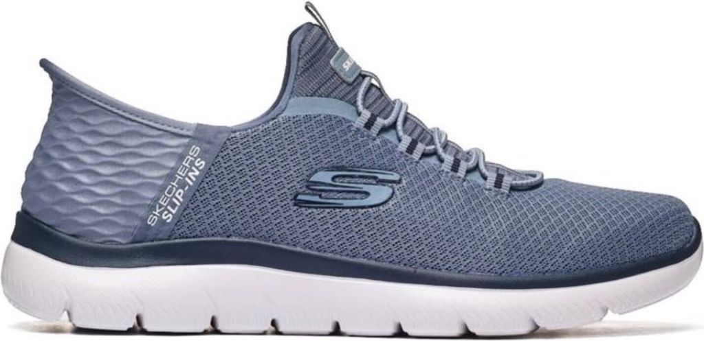 A side view of a blue Skechers slip-on sneaker against a white background.