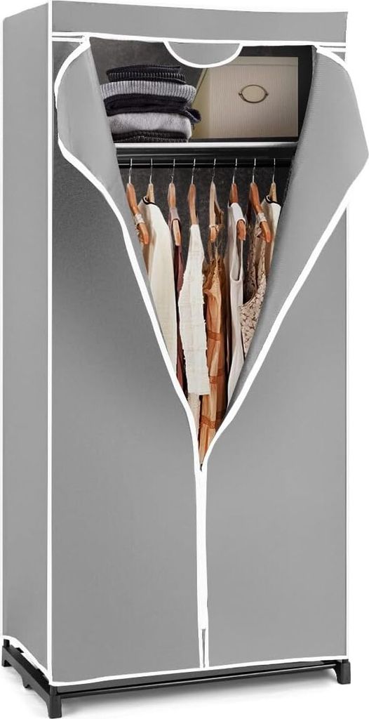 GOPLUS Kleiderschrank Stoff, Stoffschrank mit Reißverschluss & Kleiderstange, Stoffkleiderschrank klappbar für Schlafzimmer, 74 x 50 x 172 cm (Grau)
