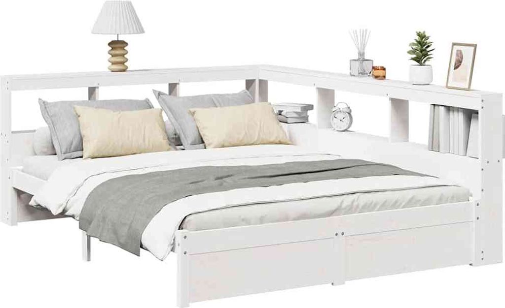 vidaXL Massivholzbett mit Regal ohne Matratze Weiß 150x200 cm Kiefer