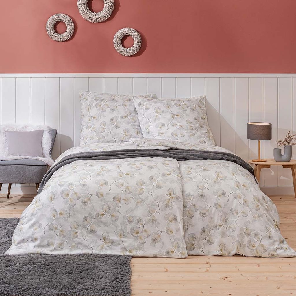 Estella Samt + Seide Flanell Bettwäsche 155x220 Molveno silber Blätter 5466-820