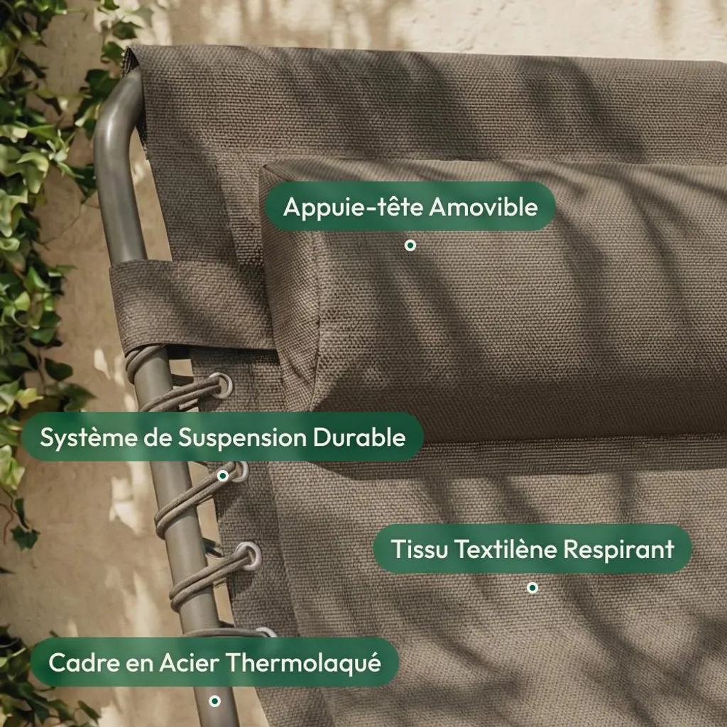 Transats Pliants pour Terrasse et Piscine Taupe - Pack de 2 Chaises CASABEL - 6