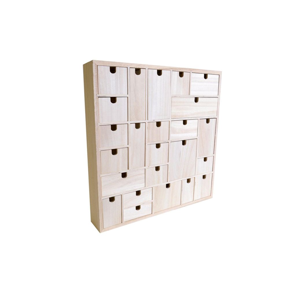 A light wood advent calendar with many small drawers.