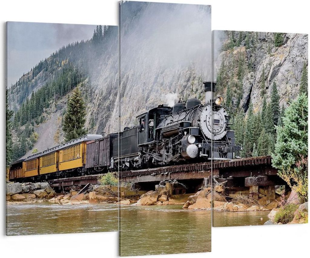 Bild auf Leinwand - Leinwandbild - 3 Teile - Alt Lokomotive Berge - 130x100cm - Wand Bild - Wanddeko - Wandbilder - Leinwanddruck - Bilder - Wandde...
