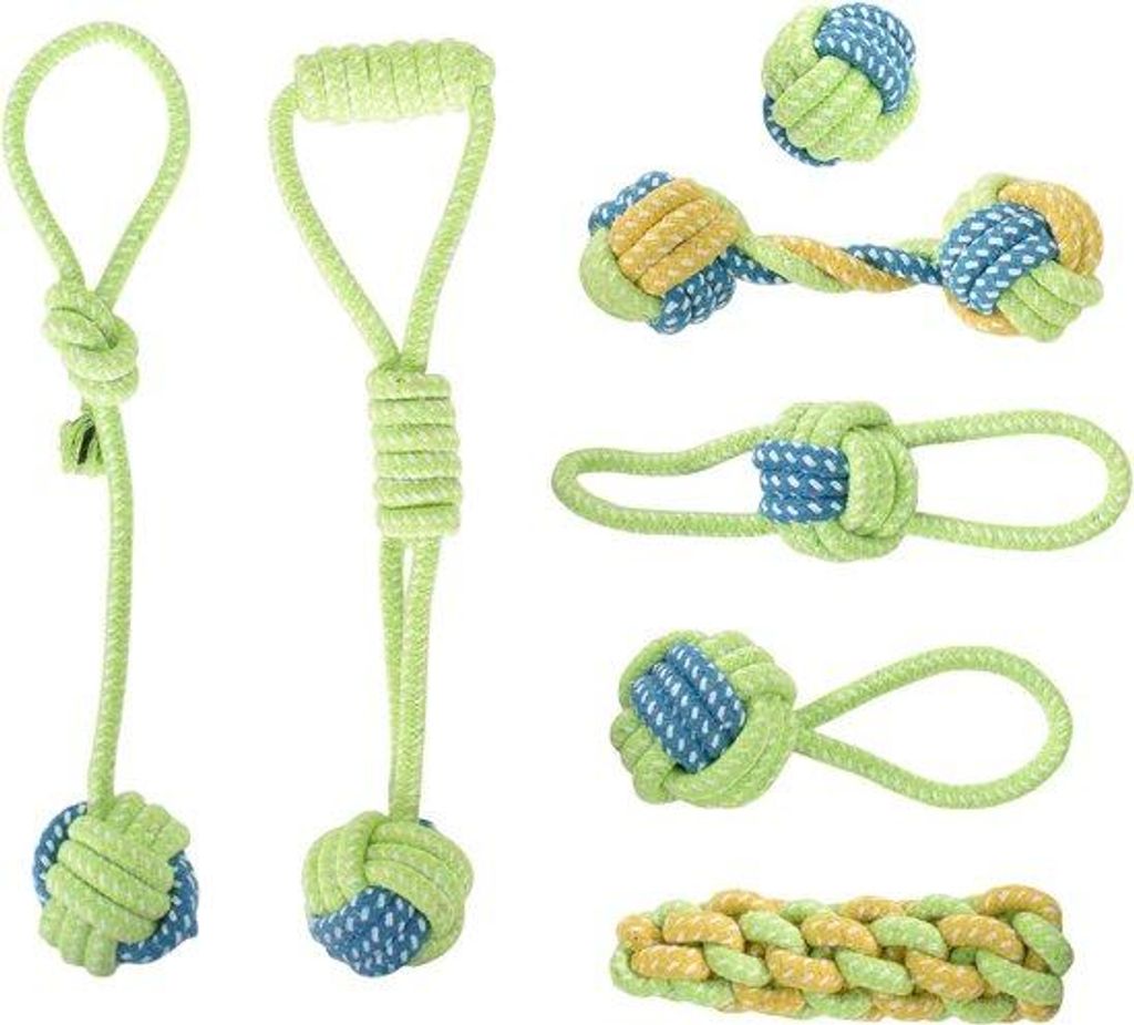 Kauwspeeltje für Hunde 7-teilig Set Knochen Hundespielzeug für Puppies Tandreinigung Korb aus Baumwolle für Hunde und Kätzchen