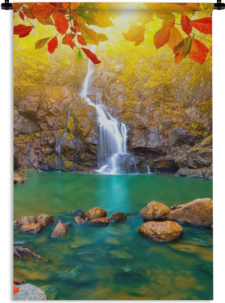 MuchoWow Wandteppich Wandbehang Steine - Baum - Wasserfall - Herbst - Rot 90x135 cm Tapisserie Dekoration Wandtuch - Baumwolle - Wandskulptur