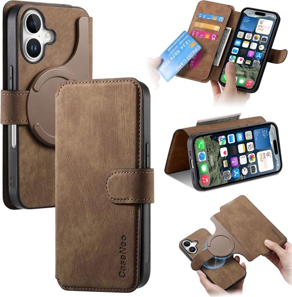 iPhone 16 Hülle - CaseNeo 2-in-1 Klapphülle & Back Cover - MagSafe Compatible - Braun