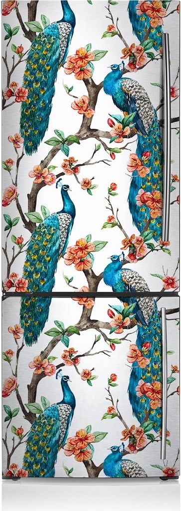 Dekoration Kühlschrank Aufkleber Magnete Küche Kühlschrankmagnete 60x190 cm - Pfauen und Blumen