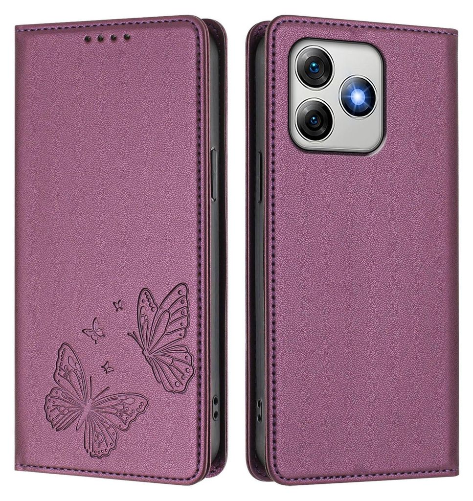 Lederhülle für Ulefone Note 18 Pro /Note 18 Ultra, Schmetterling Prägung Leder Brieftasche Schutzhülle mit Ständer Lila