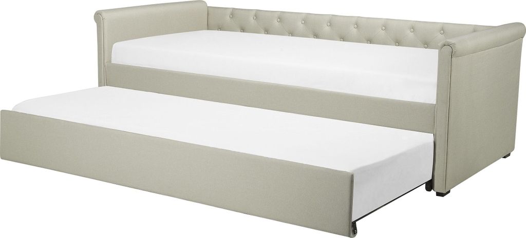 BELIANI Tagesbett Ausziehbett Beige 90 x 200 cm Ausziehbar Polsterbezug Leinenoptik Mit Lattenrost Knopfverzierung Praktisch Modern