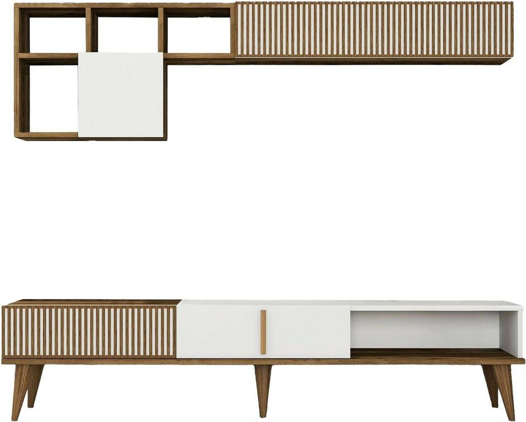 Wohnzimmermöbel Gemini, Modulares Wohnzimmerset, Mehrzweck-Wohnzimmermöbel, Moderner TV-Schrank, 180x35h40 cm, Walnuss und Weiß
