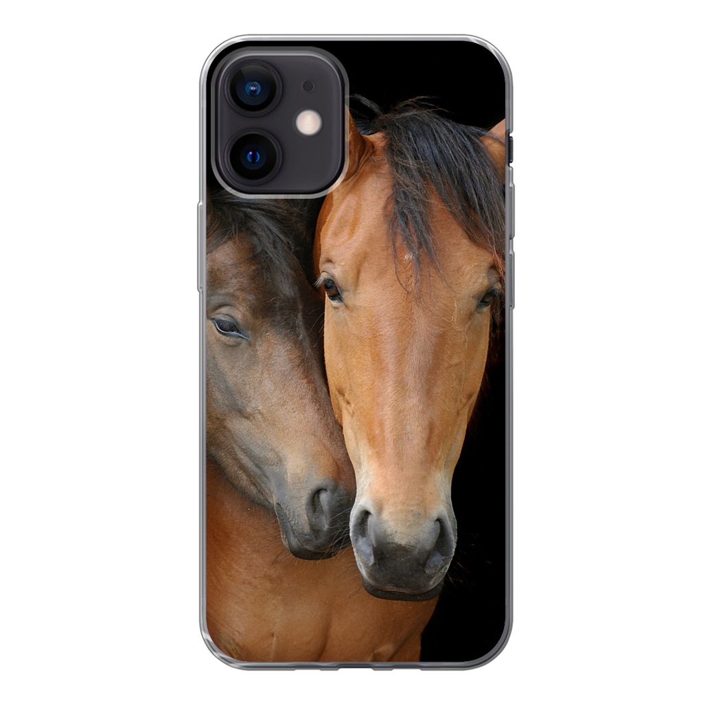 MuchoWow Handyhülle Schutzhülle Hülle für iPhone 12 Pferde - Liebe - Braun Silikon Softcase Handy Hülle - Schutzhülle