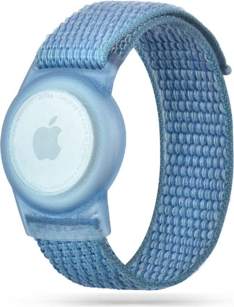A blue fabric armband with a light blue plastic holder for an Apple AirTag.