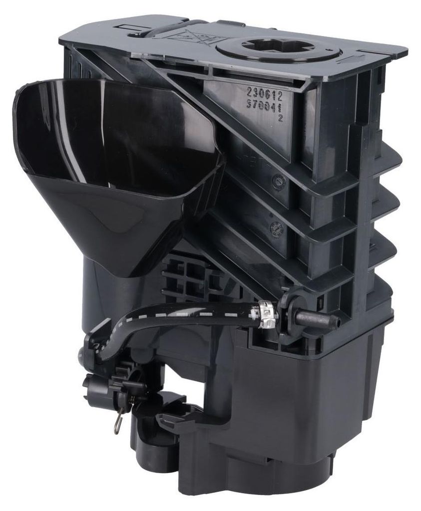 A black plastic coffee machine brewing unit is shown against a white background.