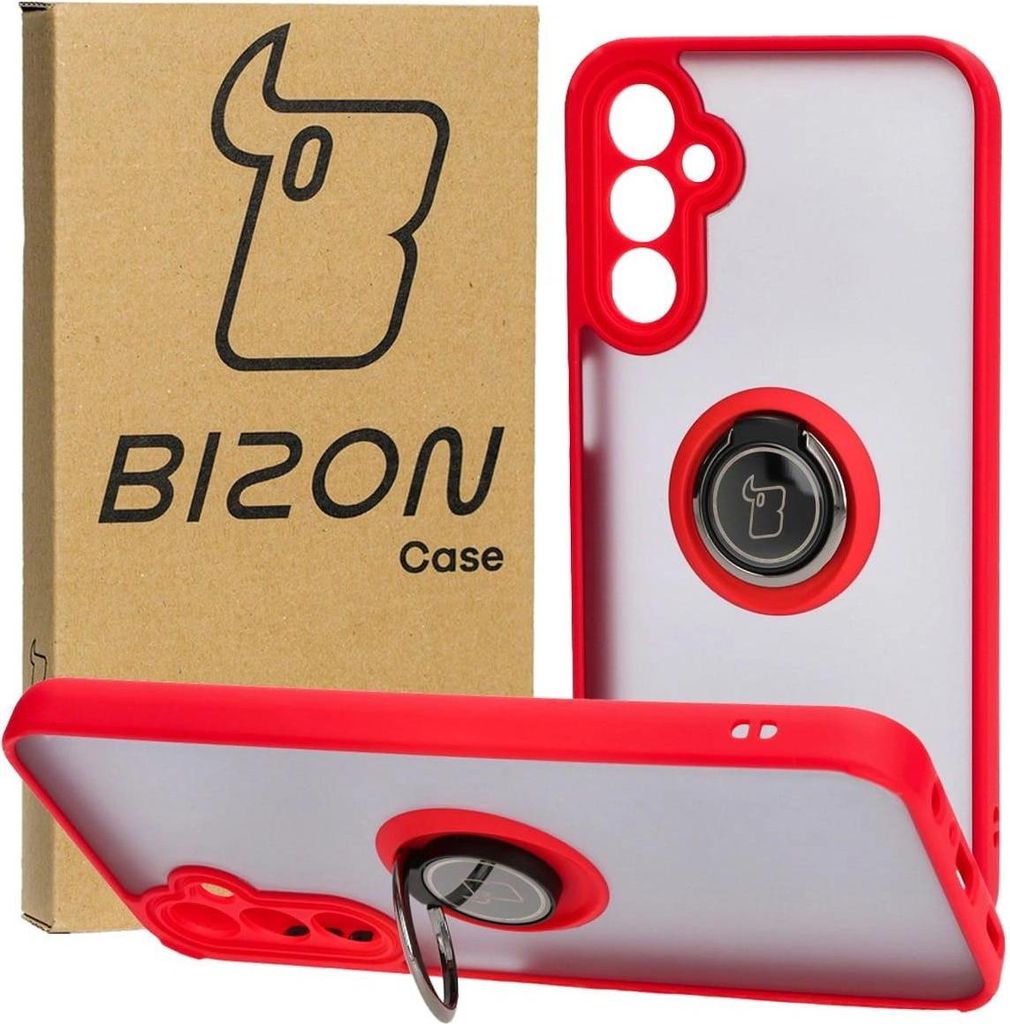 Bizon Case Hybrid Ring Fingerringhülle für Galaxy A24 4G, Rauch mit rotem Rahmen