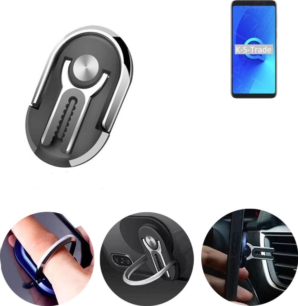 K-S-Trade 3in1 Smartphone-Ring Handy-Ring kompatibel mit Alcatel 3V (2019) Fingerhalterung Handyring Tischständer Lüftungsgitter-Halterung Tisch