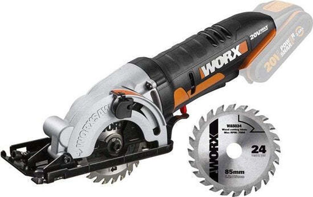 A cordless circular saw with a battery pack and a spare blade, presented against a white background.