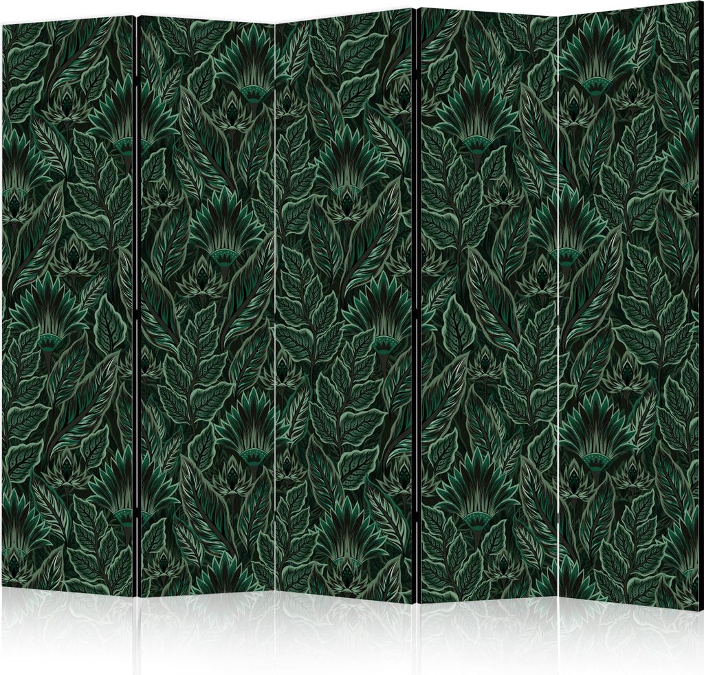 5-teiliger Doppelseitiger Vlies Paravent - Dense Vegetation - Botanical Patterns in Illustrative Style; Green 225x172 cm Blumen f-A-10177-z-d