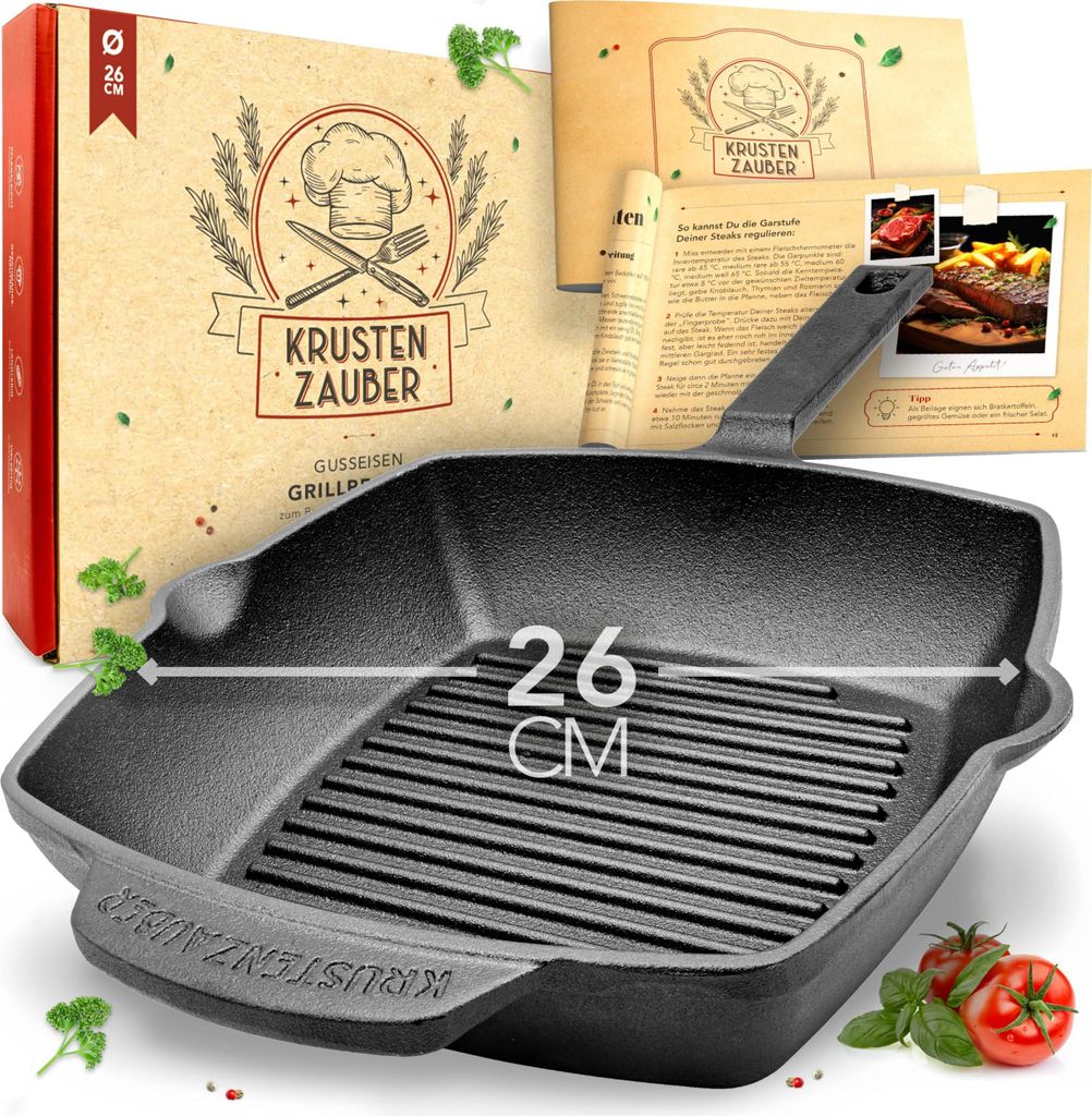 KRUSTENZAUBER 26cm Grillpfanne Induktion Stilgriff - Geriffelte Gusseisenpfanne Induktion - Ideale Gusseisen Pfanne, Eisenpfanne, Cast Iron Pan, Br...
