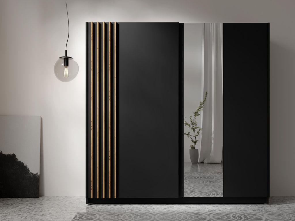 AX LIVING Kleiderschrank schwarz mit Spiegel 202 cm – Produktbild 