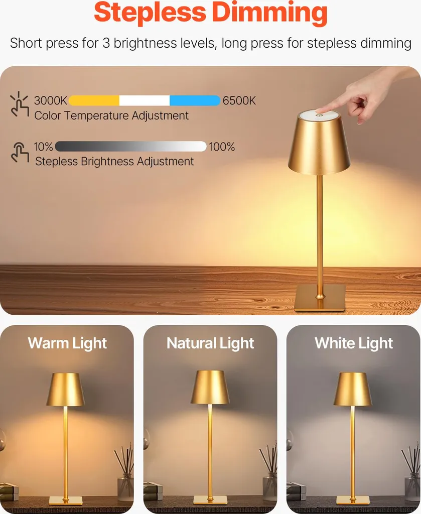 Lampe de Bureau Rechargeable LED Dorée avec Variation de Couleurs