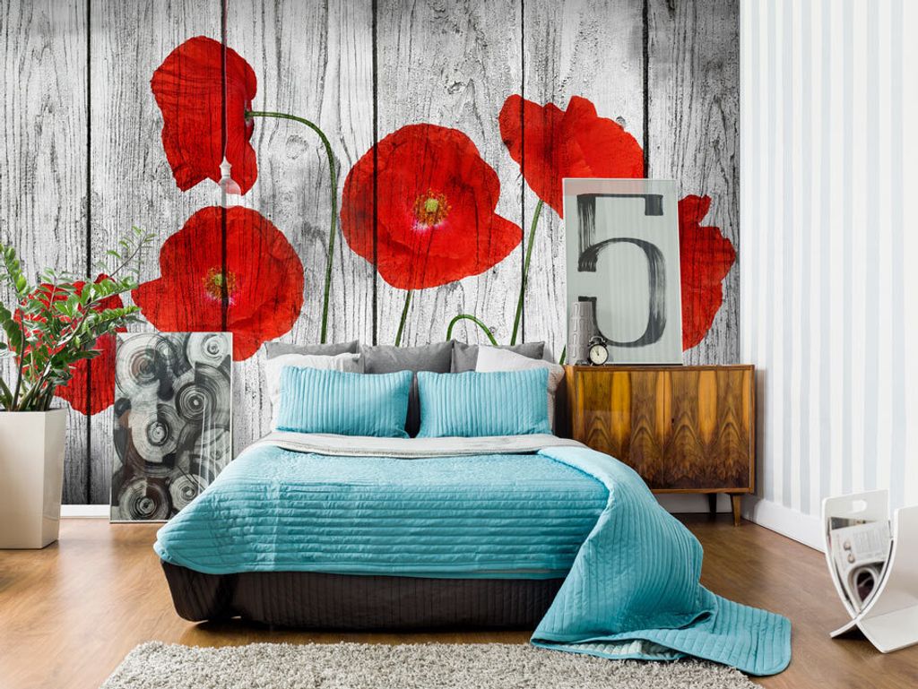 Vlies Fototapete 300x210 cm Tapeten Wandtapete XXL Holz Blumen Mohn f-B-0037-a-a