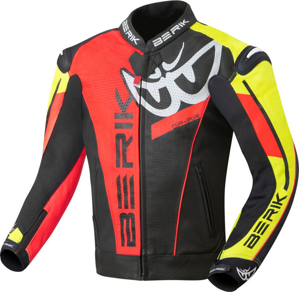 Berik VisionGP Motorrad Lederjacke, schwarz/neon-gelb/neon-rot/weiß, 56