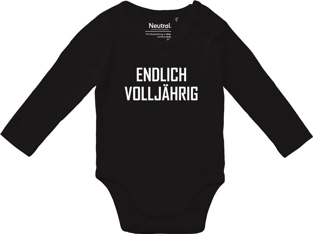 Huuraa Jungen und Mädchen Strampler Endlich Volljährig Schriftzug Geschenk Größe 80 Black Baumwolle Fairtrade Endlich Volljährig Mitbringsel