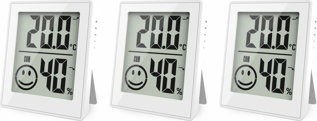 Three white digital thermo-hygrometers are displayed side-by-side on a white background.
