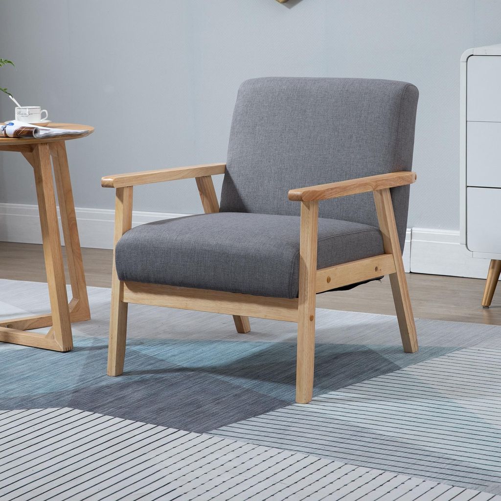 Sessel im Skandi-Design, Akzentsessel, Massivholz, Leinenoptik, Grau +, Leinen, Kiefernholzbeine, Schaumstoff, 64 x 70 x 72 cm, für Küche